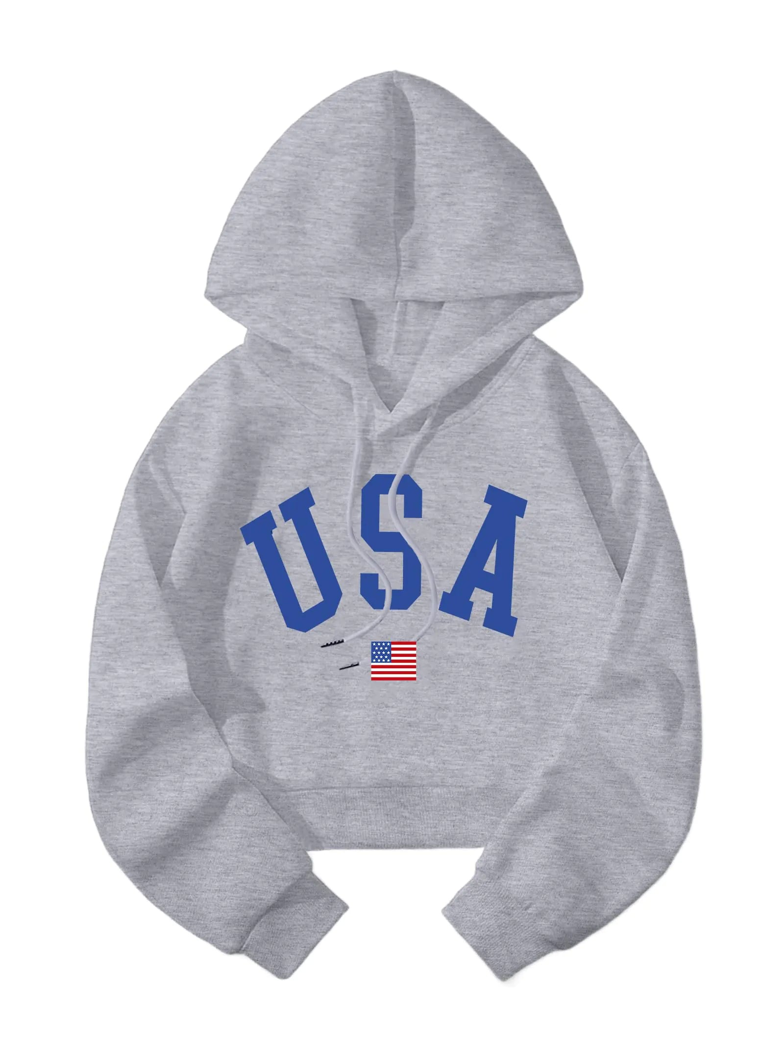 Hilinker Womens Graphic Long Sleeve Cropped Hoodies Drawstring Hooded Sweatshirt Grey USA Medium