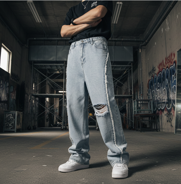 Ripped Frayed Stitching Baggy Jeans Pants