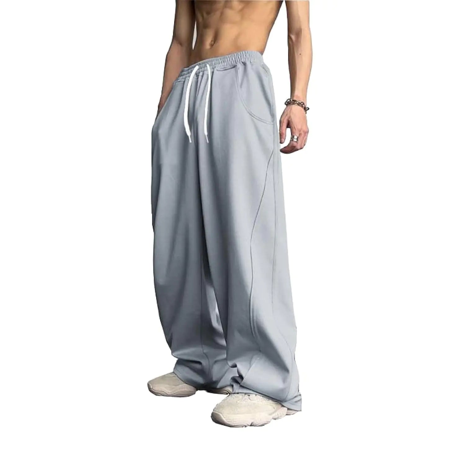 WZIKAI Mens Baggy Sweatpants Elastic Waist Drawstring Wide Leg Sweatpants Casual Loose Baggy Joggers with Pockets Light Grey M